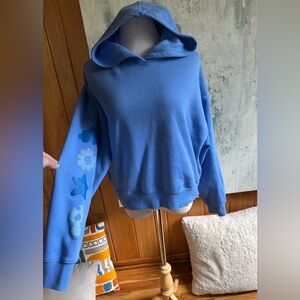 PacSun Blue Oversized Cropped Hoodie. Sz. Small. Graphics Star Mushroom Flower.